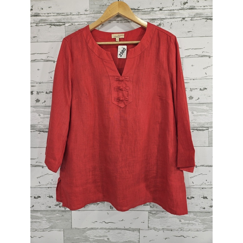 Choices Womens Large 100% Linen Burnt Out Orange Blouse French‎ Knot Button
